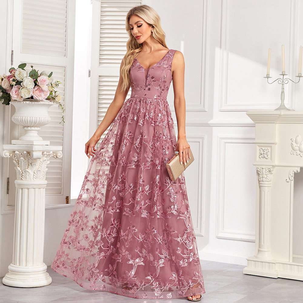 Floral Sequin V-Neck Sleeveless Tulle A-Line Maxi Gown - View 6