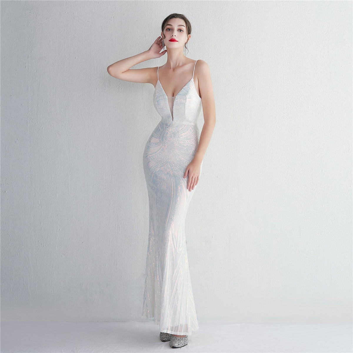 Sequin Geometric Spaghetti Strap Deep V-Neck Mermaid Maxi Gown 2