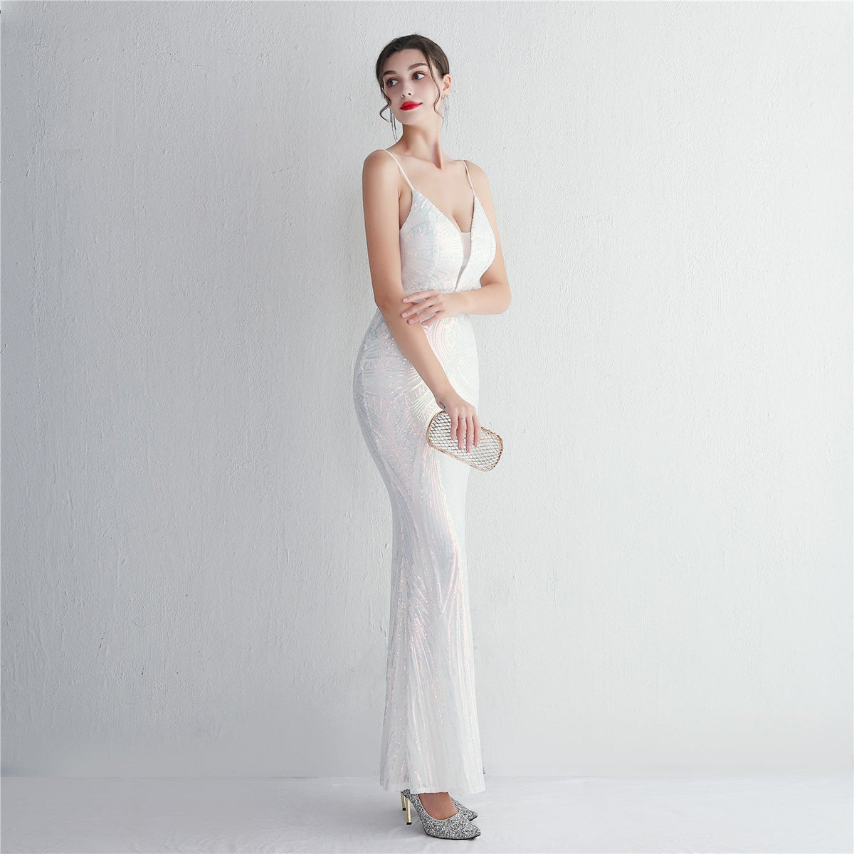 Sequin Geometric Spaghetti Strap Deep V-Neck Mermaid Maxi Gown 3