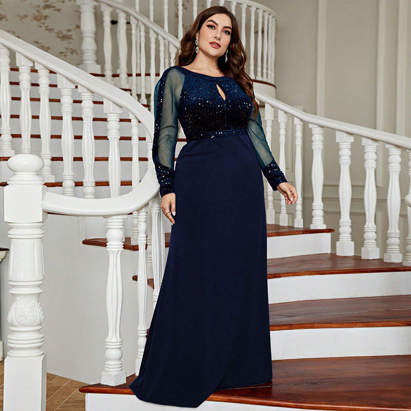 Sequin Round Neck Keyhole Long Sleeve Mesh Maxi Evening Gown - View 2