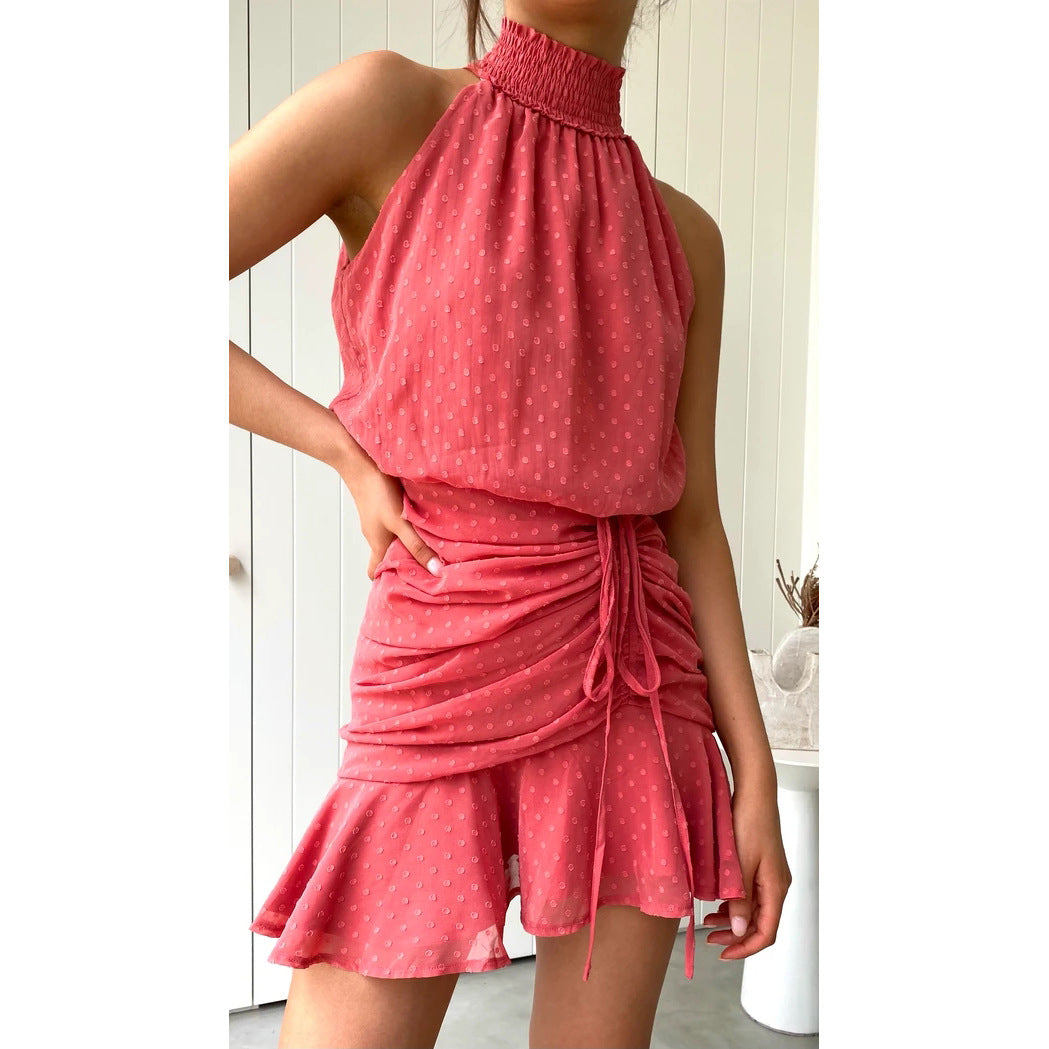 Fresh Sweet Drawstring Halter Chiffon Dress