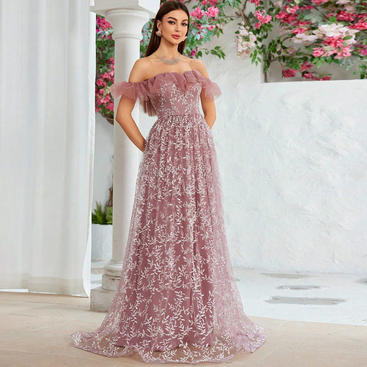 Embroidered Tulle Off Shoulder Ruffle A-Line Maxi Gown - View 4