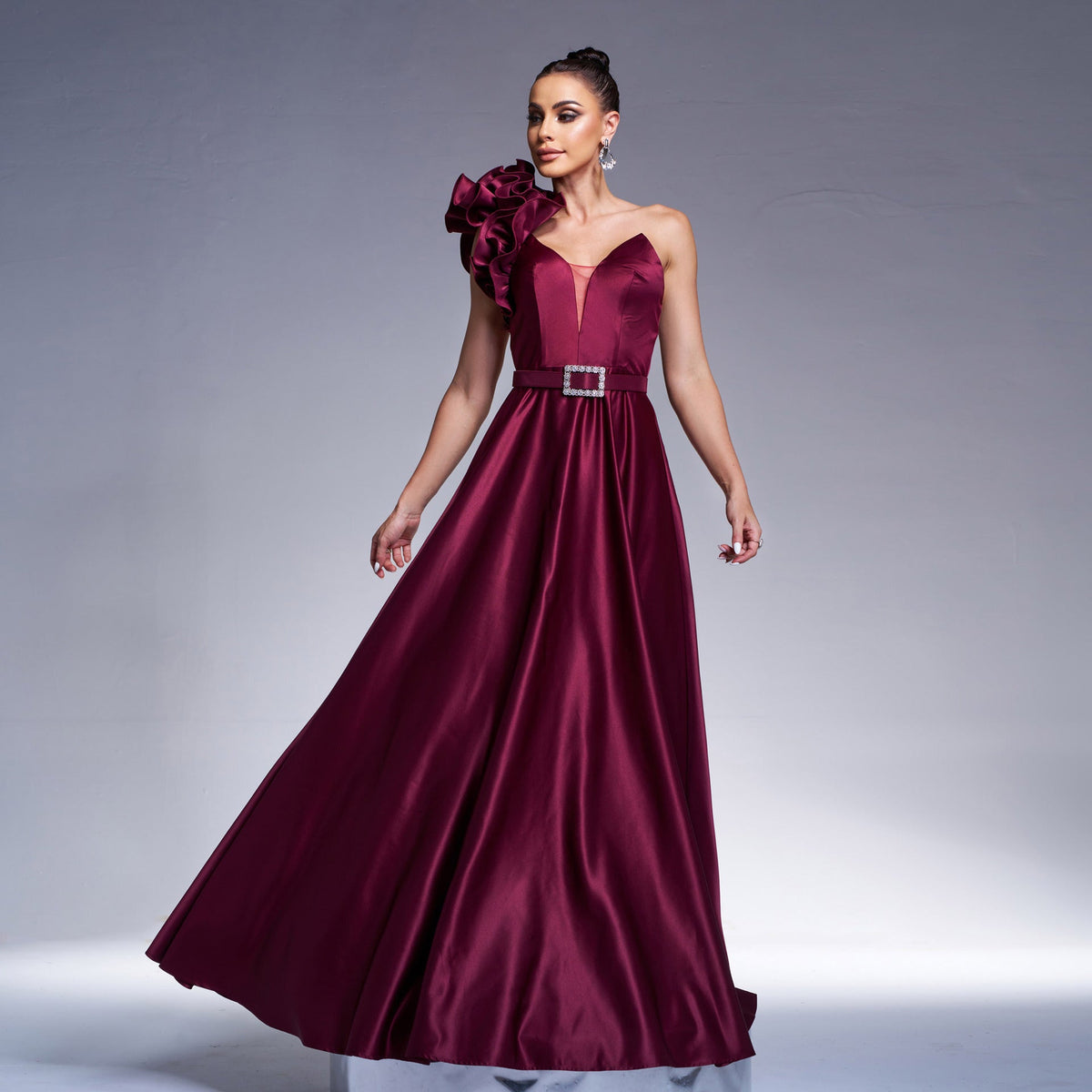 One Shoulder Ruffle Sweetheart Belted A-Line Satin Gown