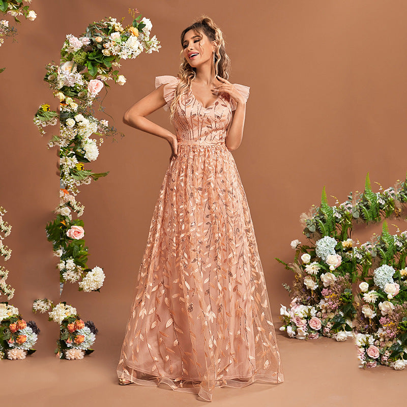 Sequin V-Neck Ruffle Sleeve Floral Tulle A-Line Prom Gown - View 2