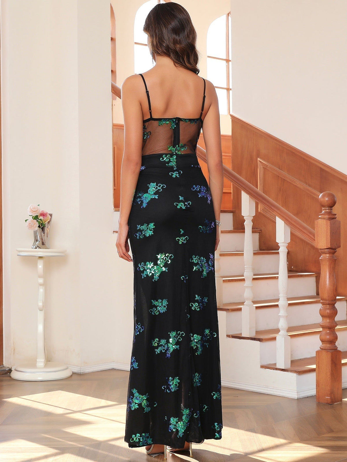 Sequin Spaghetti Strap Mesh High Split Mermaid Maxi Gown - View 4
