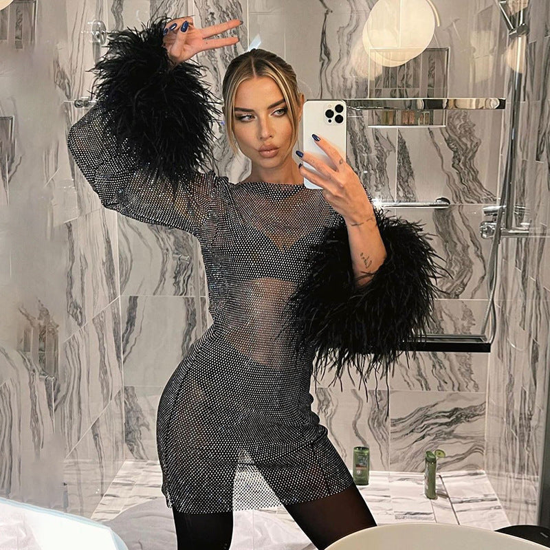 Feather Shimmer Mesh Dress - View 3