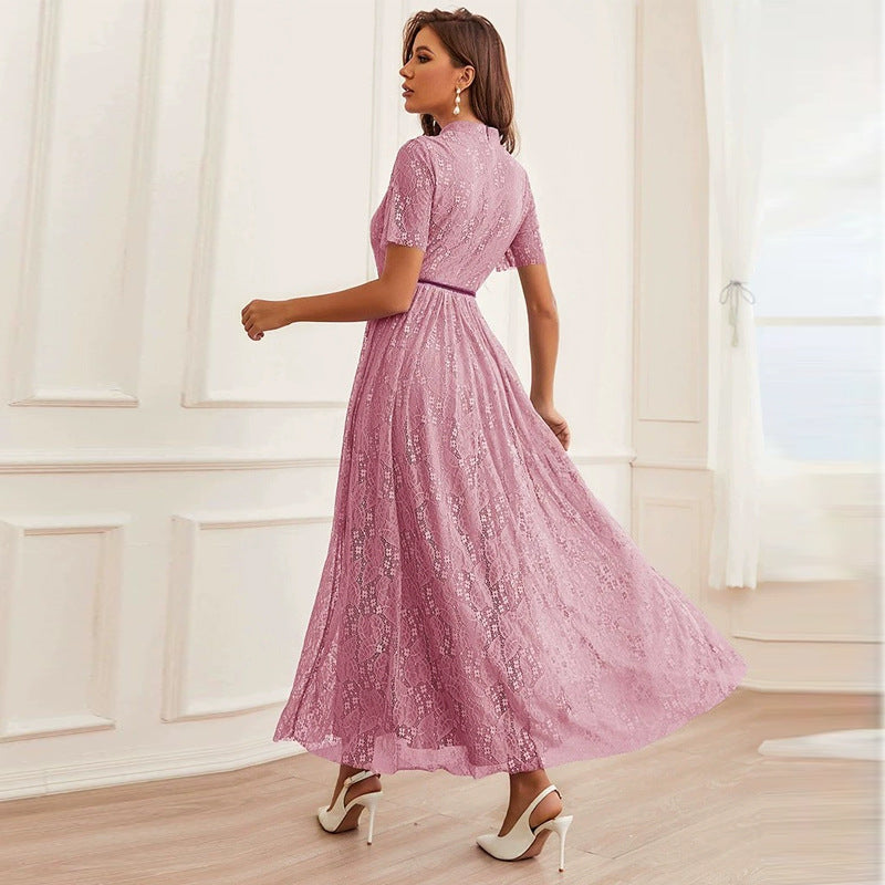 Mock Neck Short Sleeve Lace Belted A-Line Maxi Dress - View 3