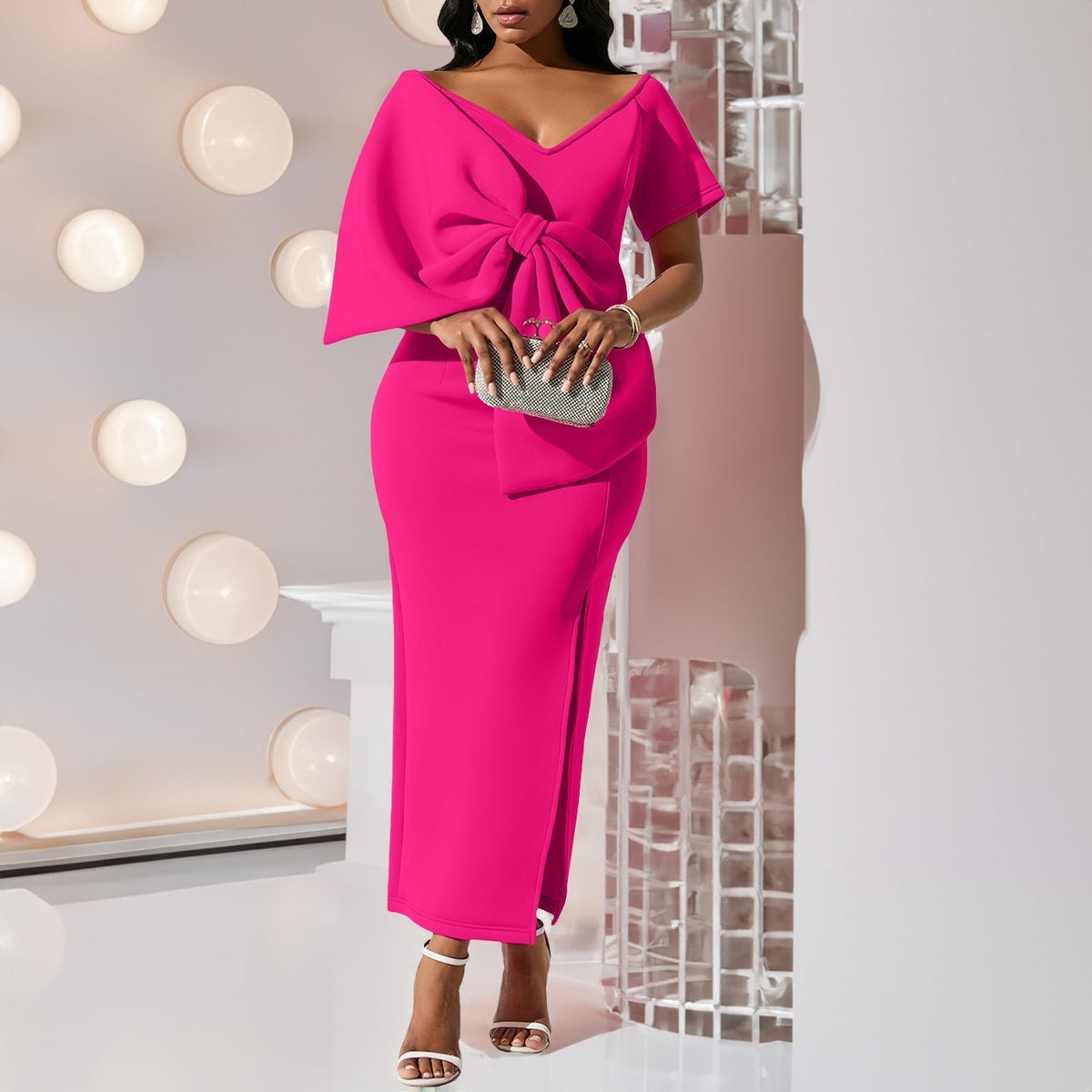 Satin Cowl Neck Backless High Split Slip Maxi Dress