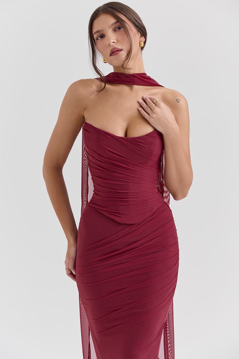 One Shoulder Draped Sash Ruched Fishtail Maxi Gown - View 9