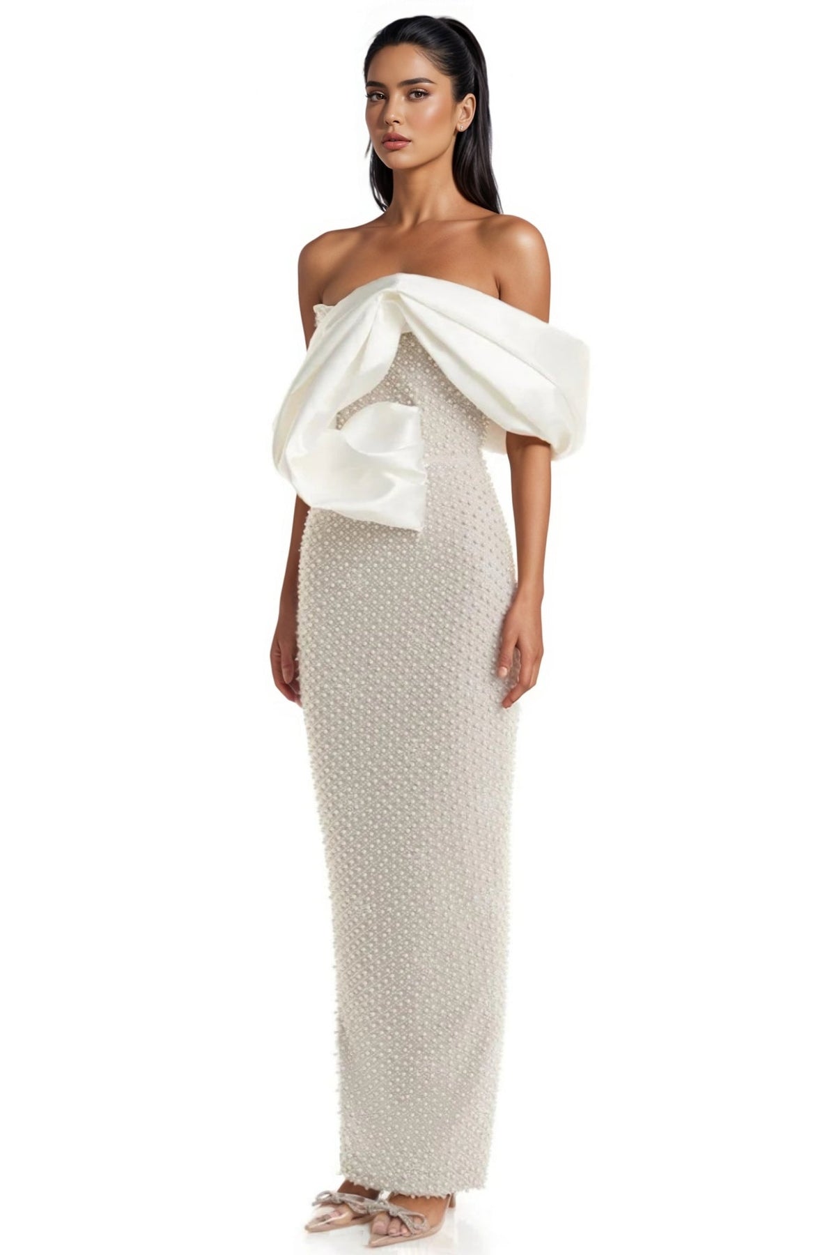 Pearl Embellished Strapless Ruffle Bodice Column Maxi Gown - View 3