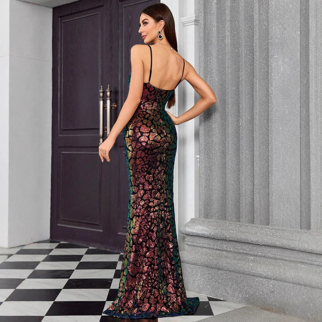 Sequin Spaghetti Strap Deep V-Neck Mermaid Maxi Gown - View 4