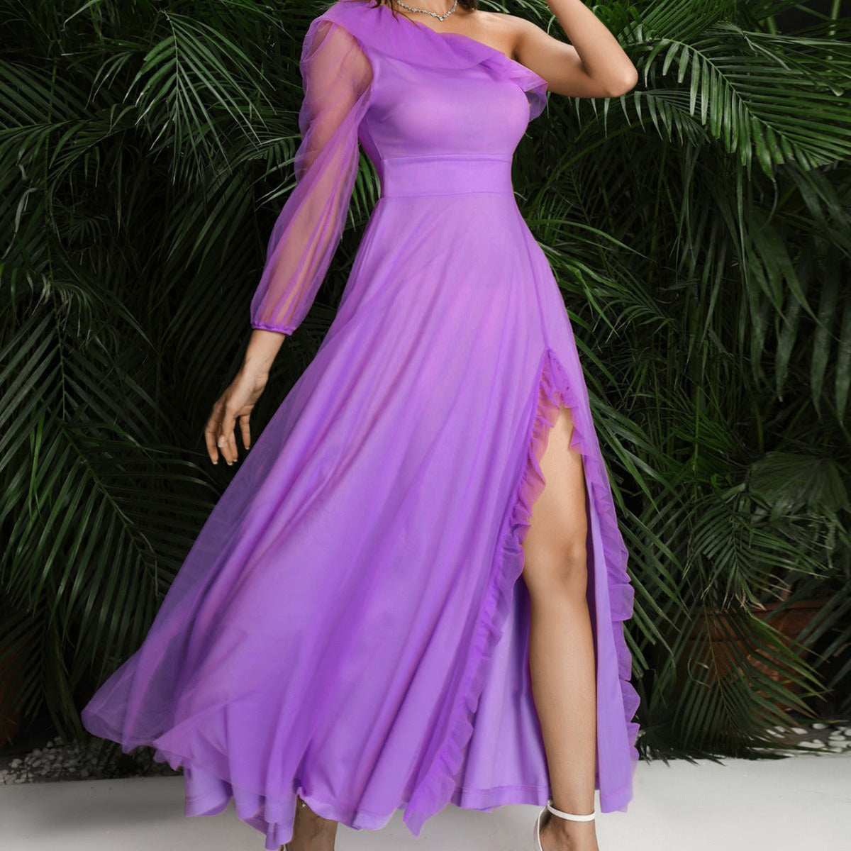 Maxi Large Slant Shoulder High Slit Cocktail Senior Evening Dress - View 2