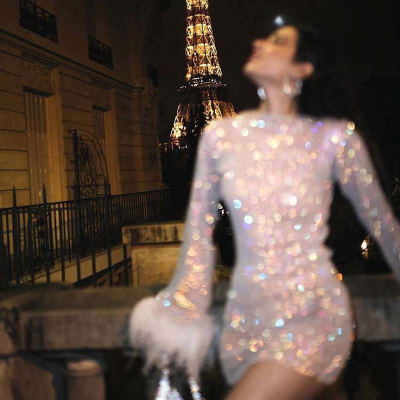 Feather Shimmer Mesh Dress - View 7
