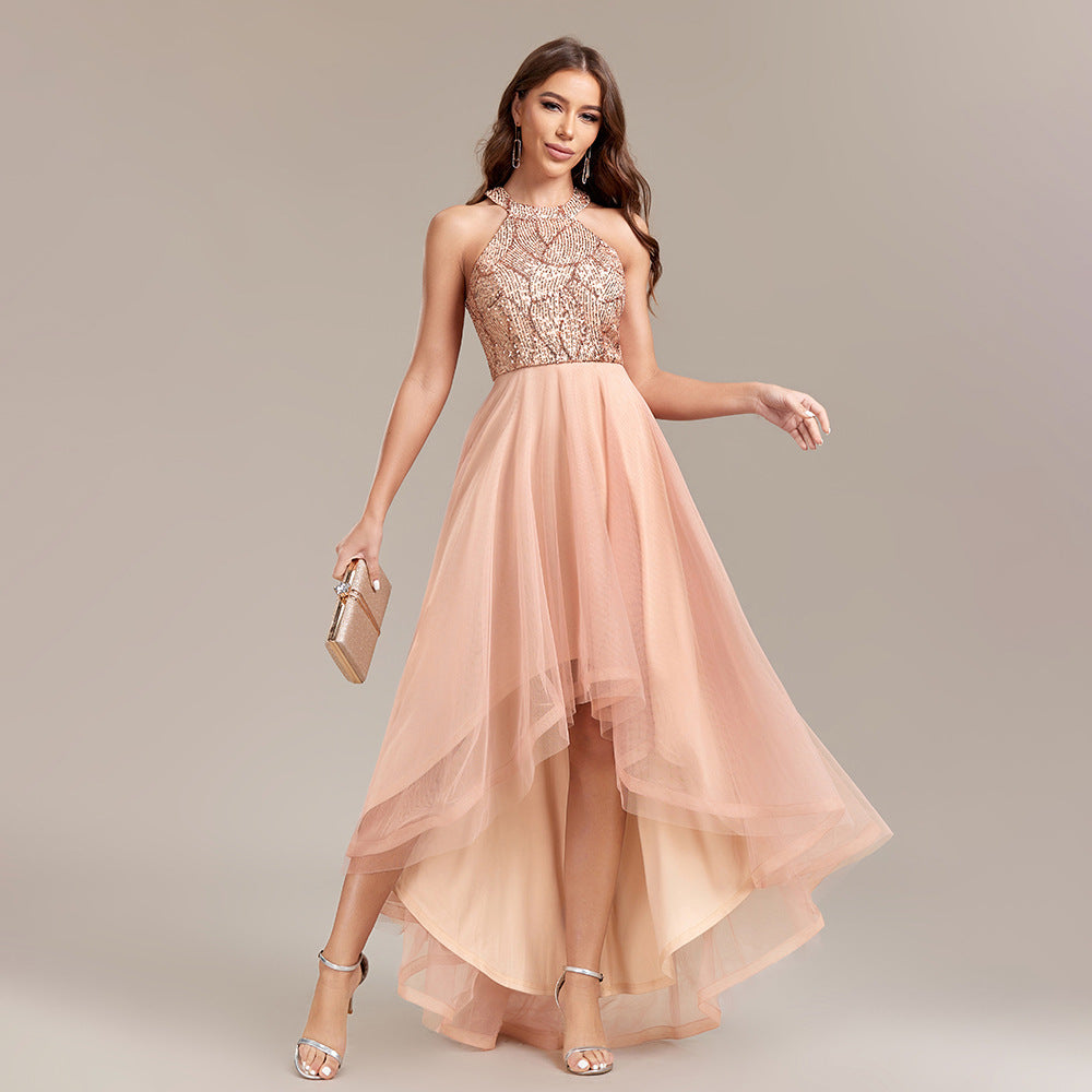 Halter Neck Sequin Tulle High Low A-Line Party Dress - View 3