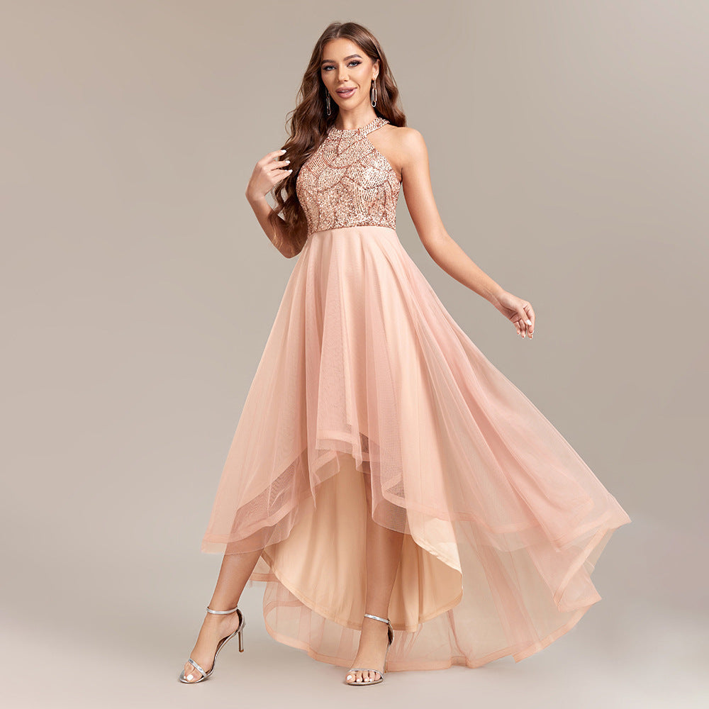Halter Neck Sequin Tulle High Low A-Line Party Dress - View 6