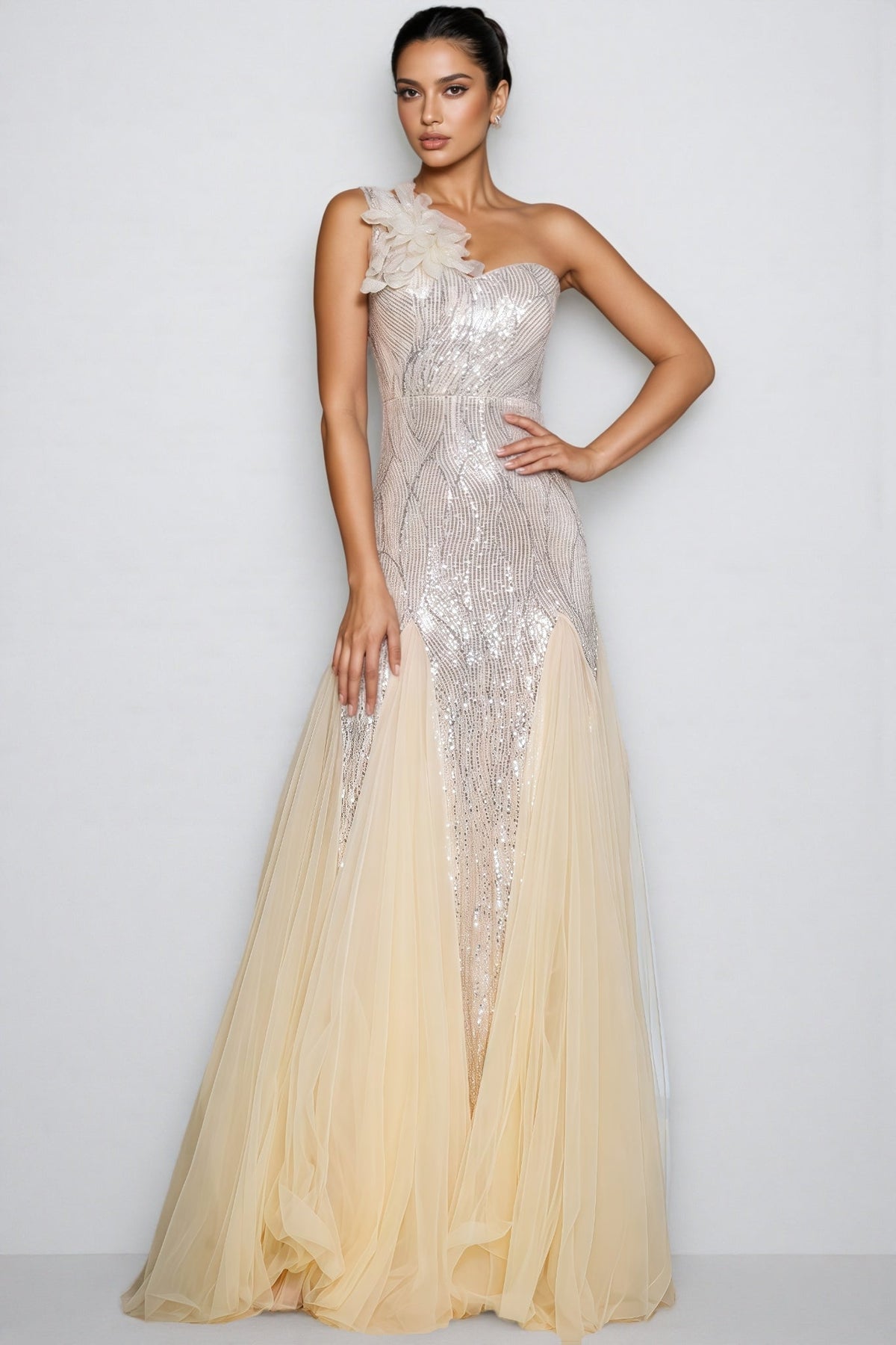 Sequin One Shoulder Floral Applique Tulle Godet Mermaid Maxi Gown