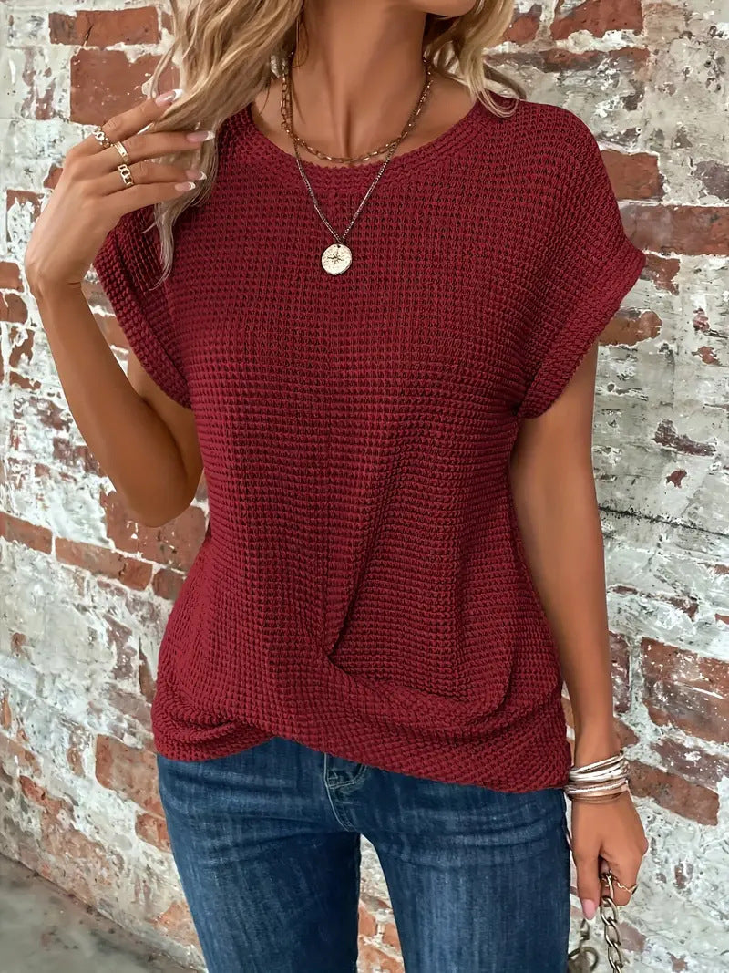 Waffle Knit Round Neck Short Sleeve Twist Front Top 6