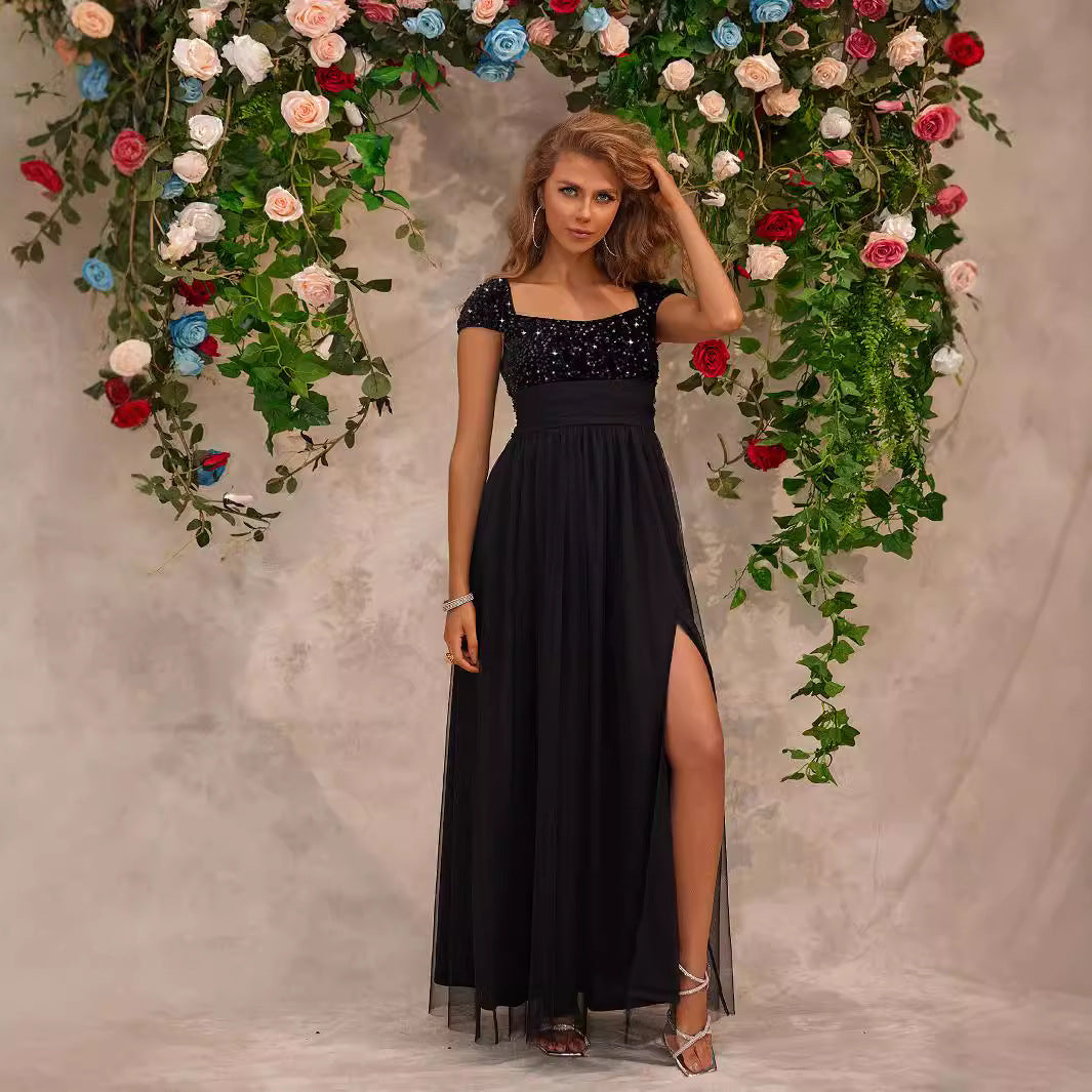 Sequin Square Neck Cap Sleeve High Split Tulle Maxi Dress - View 4