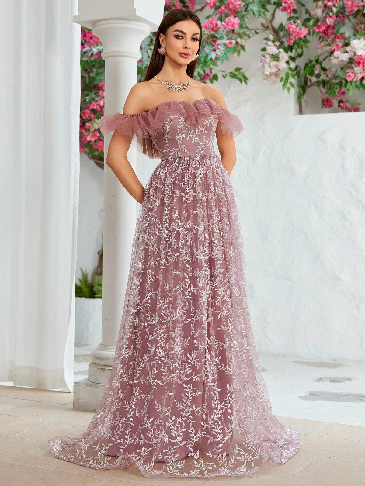 Embroidered Tulle Off Shoulder Ruffle A-Line Maxi Gown - View 5
