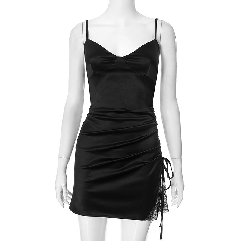 Satin Deep V-Neck Spaghetti Strap Ruched Lace Trim Mini Dress - View 2