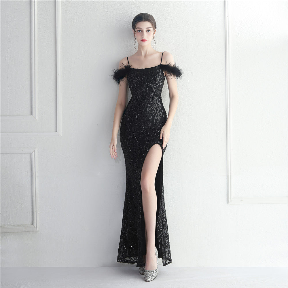 Sequin Feather Trim Spaghetti Strap High Split Mermaid Gown - View 4