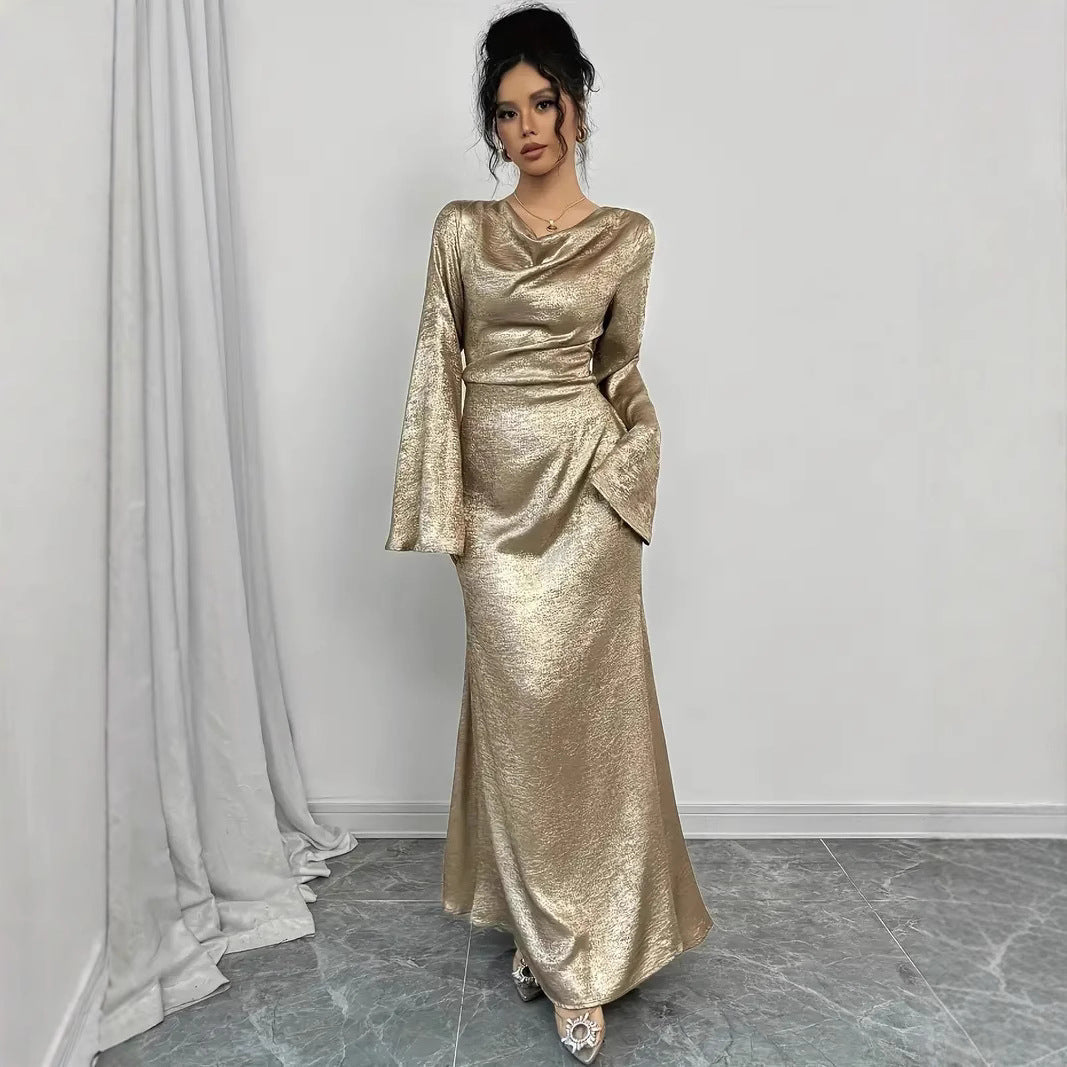 Metallic Cowl Neck Bell Sleeve Maxi Gown - View 2