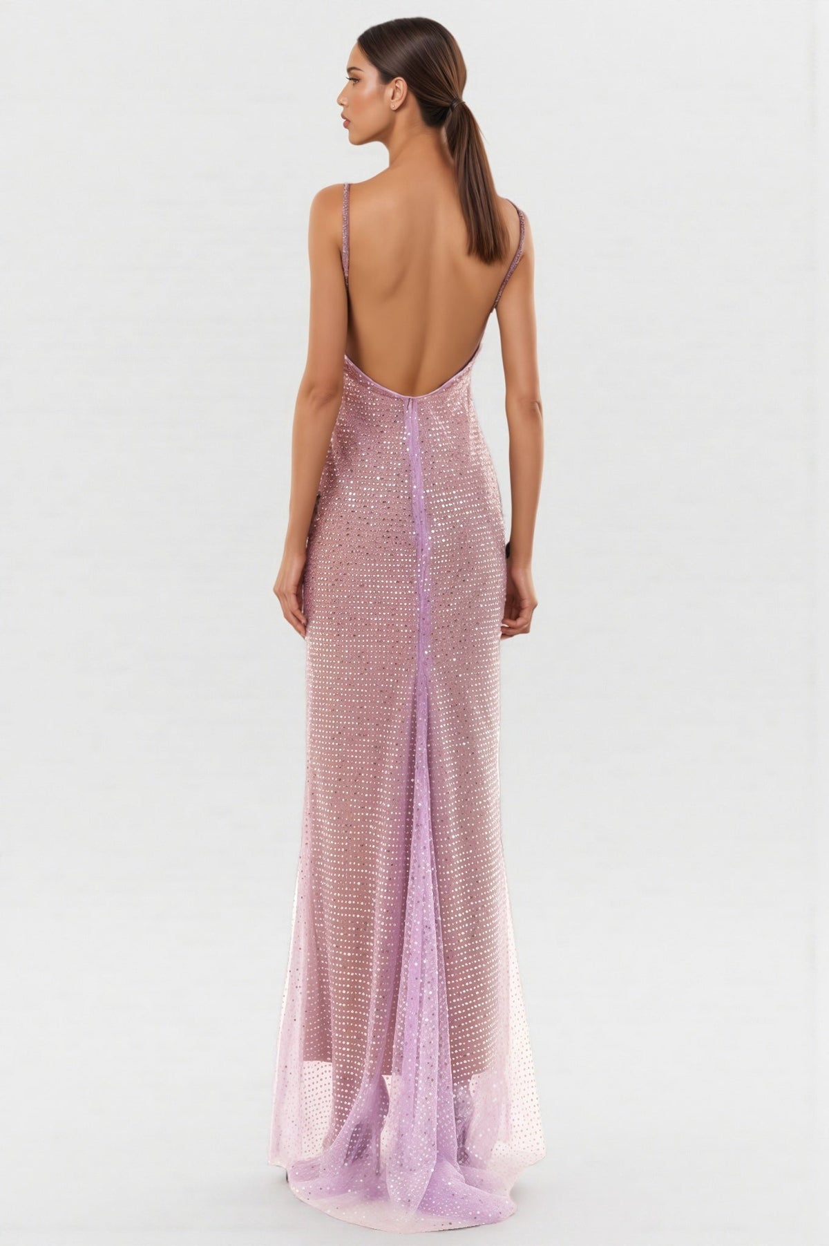 Sequin Cowl Neck Spaghetti Strap Ruched Mermaid Gown - View 2