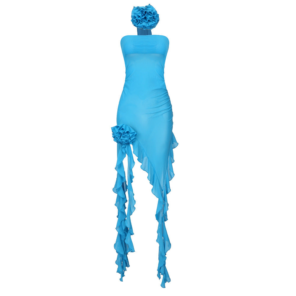 3D Floral Strapless Ruched Ruffle High Low Mini Dress - View 6