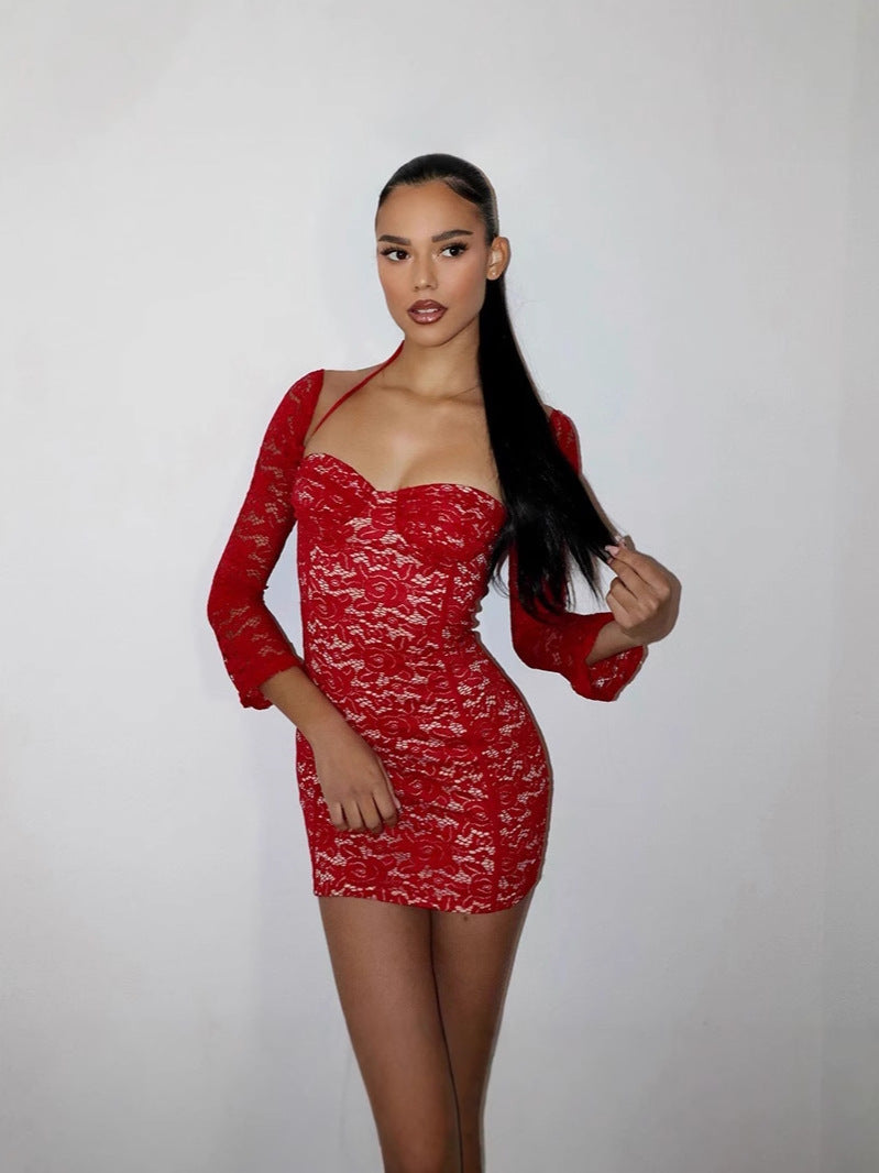 Lace Halter Neck Long Sleeve Bustier Bodycon Mini Dress - View 6