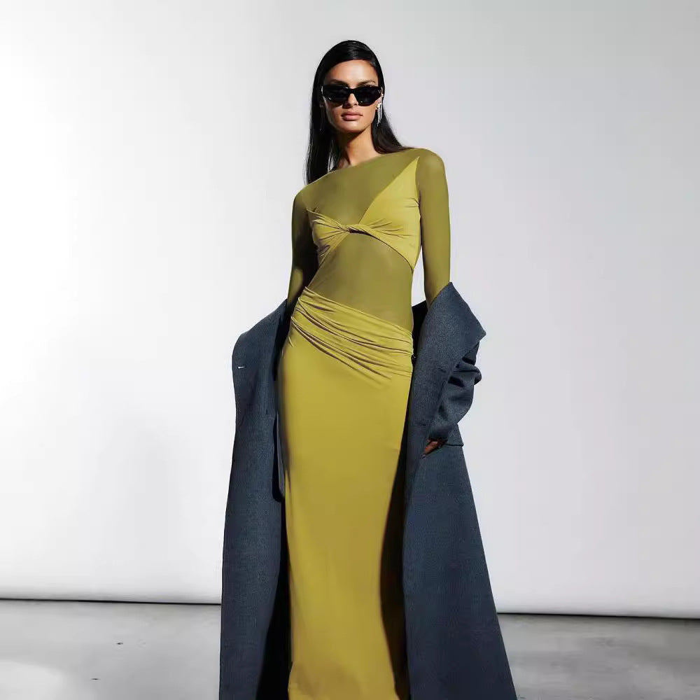 Mesh Stitching Sheer Long Sleeve Maxi Dress