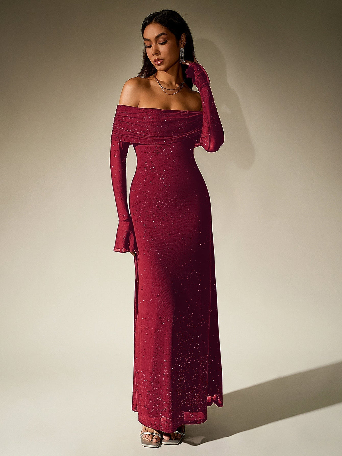 Off Shoulder Flounce Sleeve Mesh Sequin Dress 34