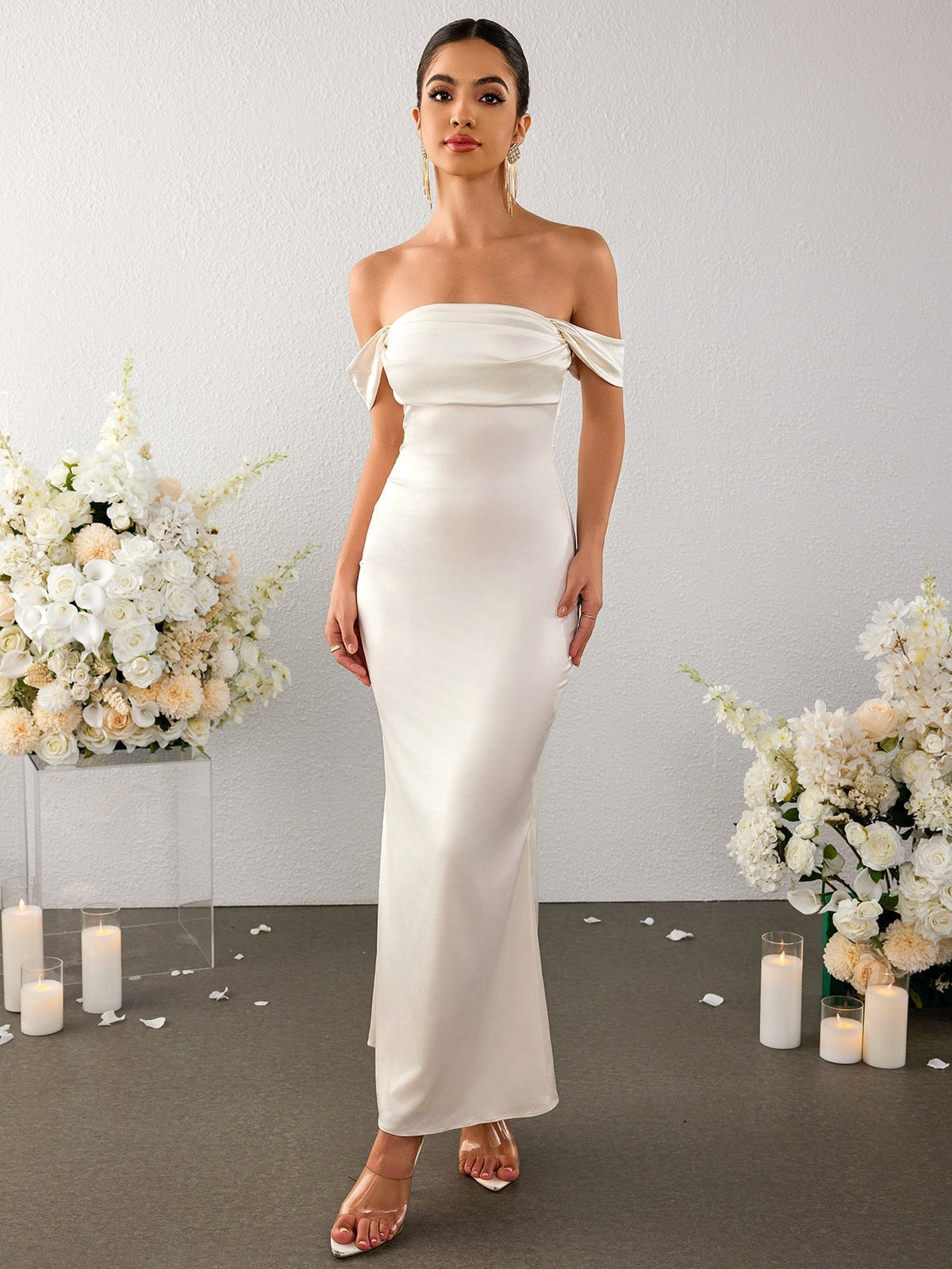 Off Shoulder Satin Backless Mermaid Dress - View 3