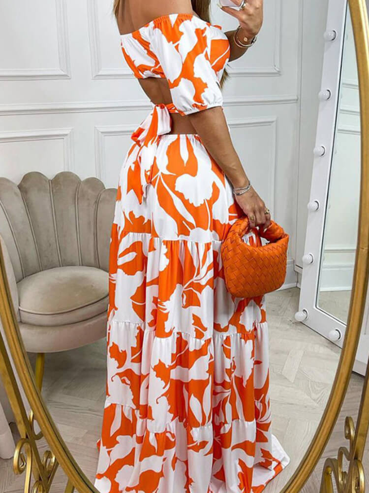 Off Shoulder Puff Sleeve Side Cut Out Tiered Maxi Dress - View 2
