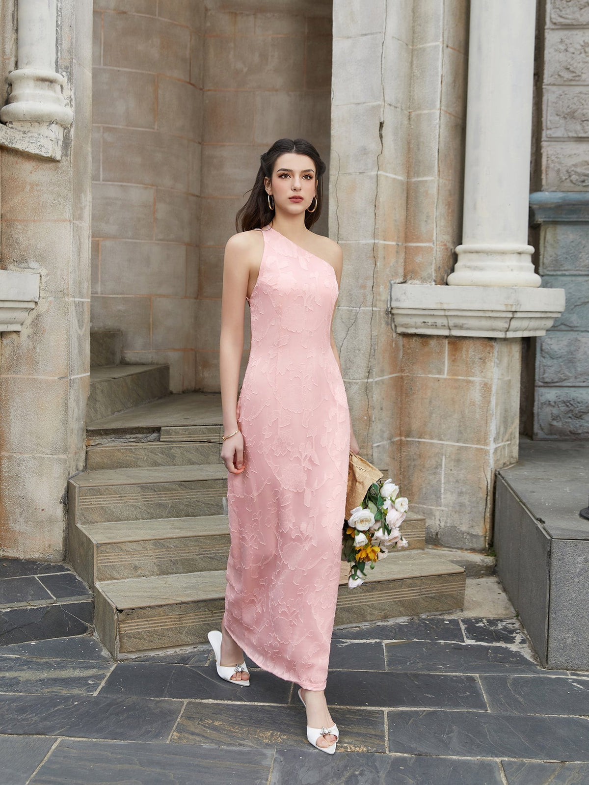 One Shoulder Tie Back Backless Jacquard Long Dress - View 5