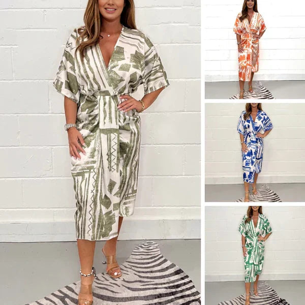 V-Neck Batwing Sleeve Belted Kaftan Midi Dress