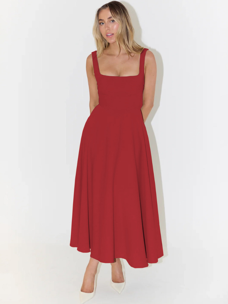Square Neck Sleeveless Fit and Flare Maxi Dress Wedding Guest 22
