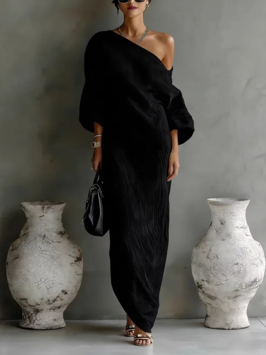 One Shoulder Long Sleeve Textured Slouchy Maxi Dress 7