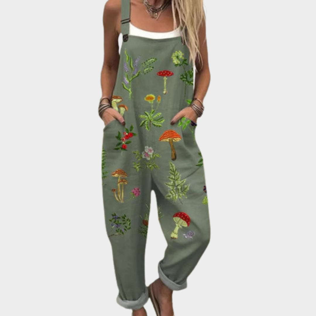 Mushroom Floral Print Sleeveless Wide Leg Overall Jumpsuit