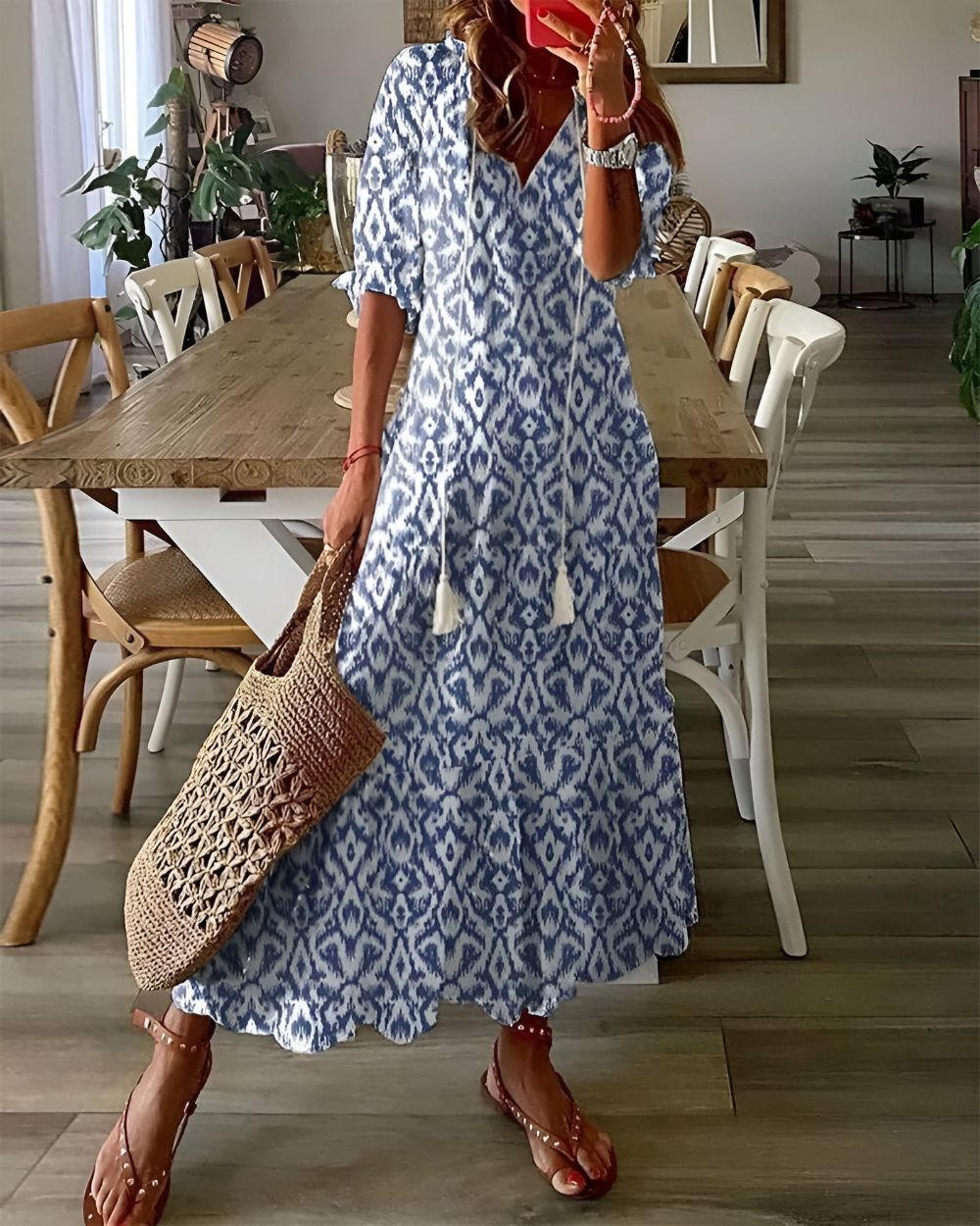 Ikat Print V-Neck Tassel Tie Tiered Maxi Dress