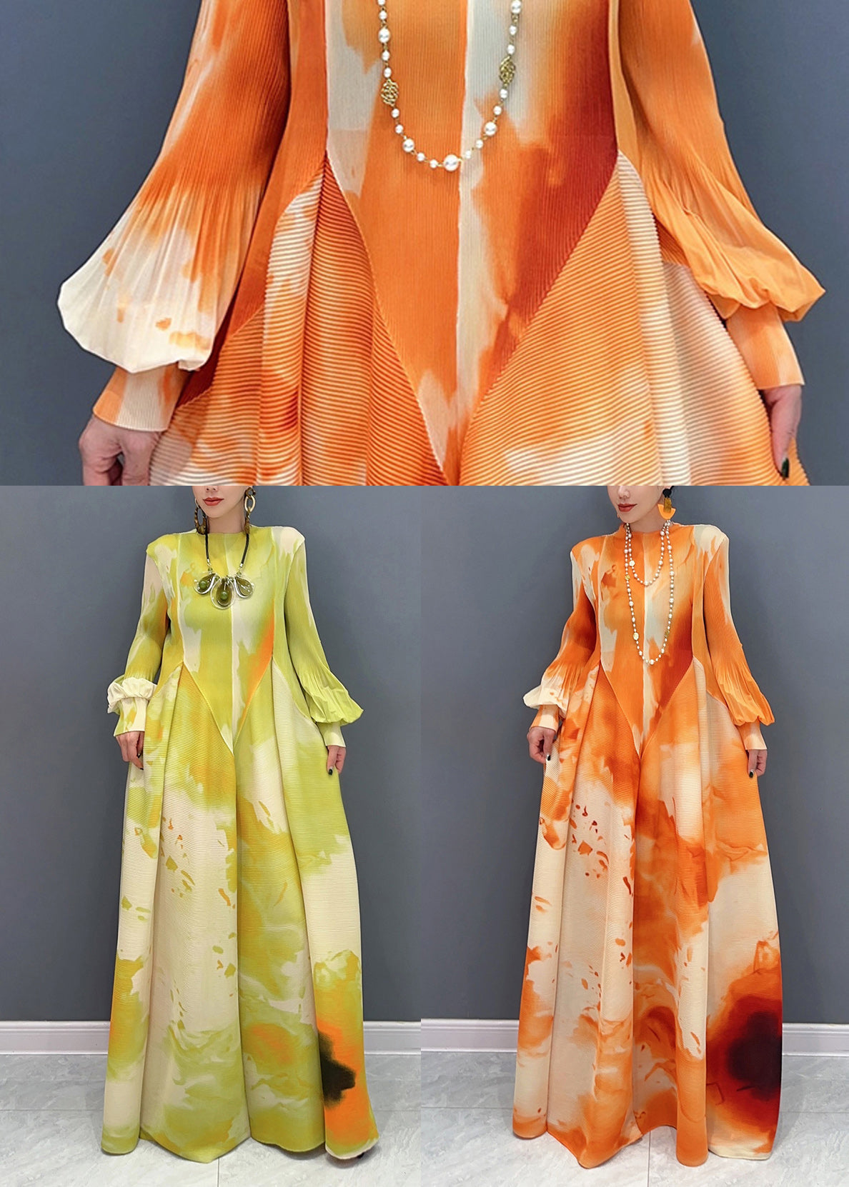 Orange Print Patchwork Chiffon Long Maxi Dress Puff Sleeve - View 5