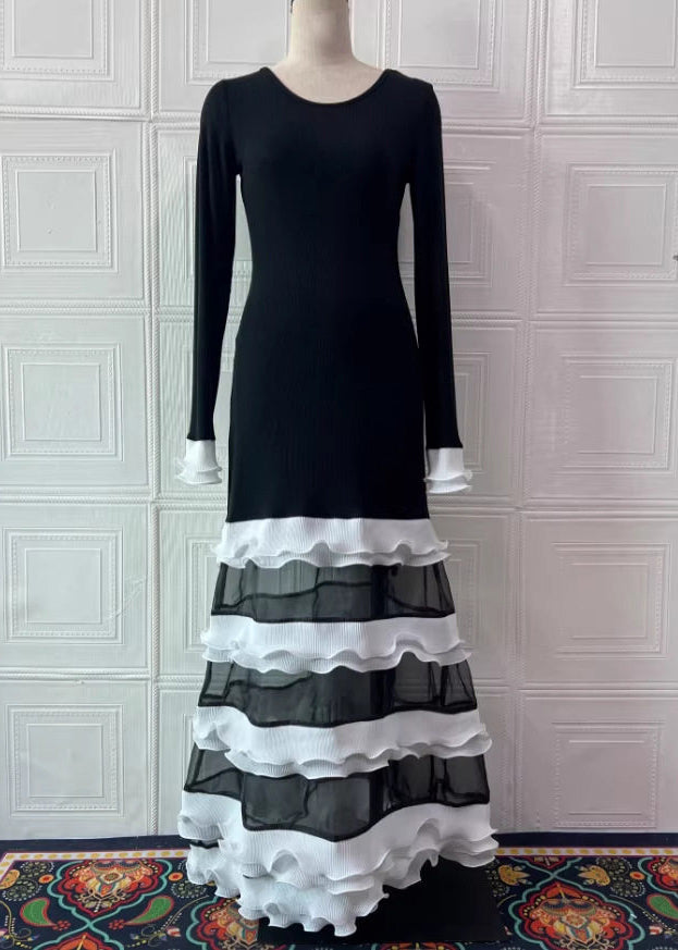 Organic Black White Striped O-Neck Ruffled Knit Patchwork Dress - View 4