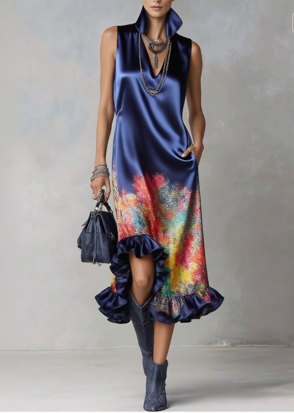 Satin High Collar Deep V-Neck Sleeveless Abstract Midi Dress - View 3