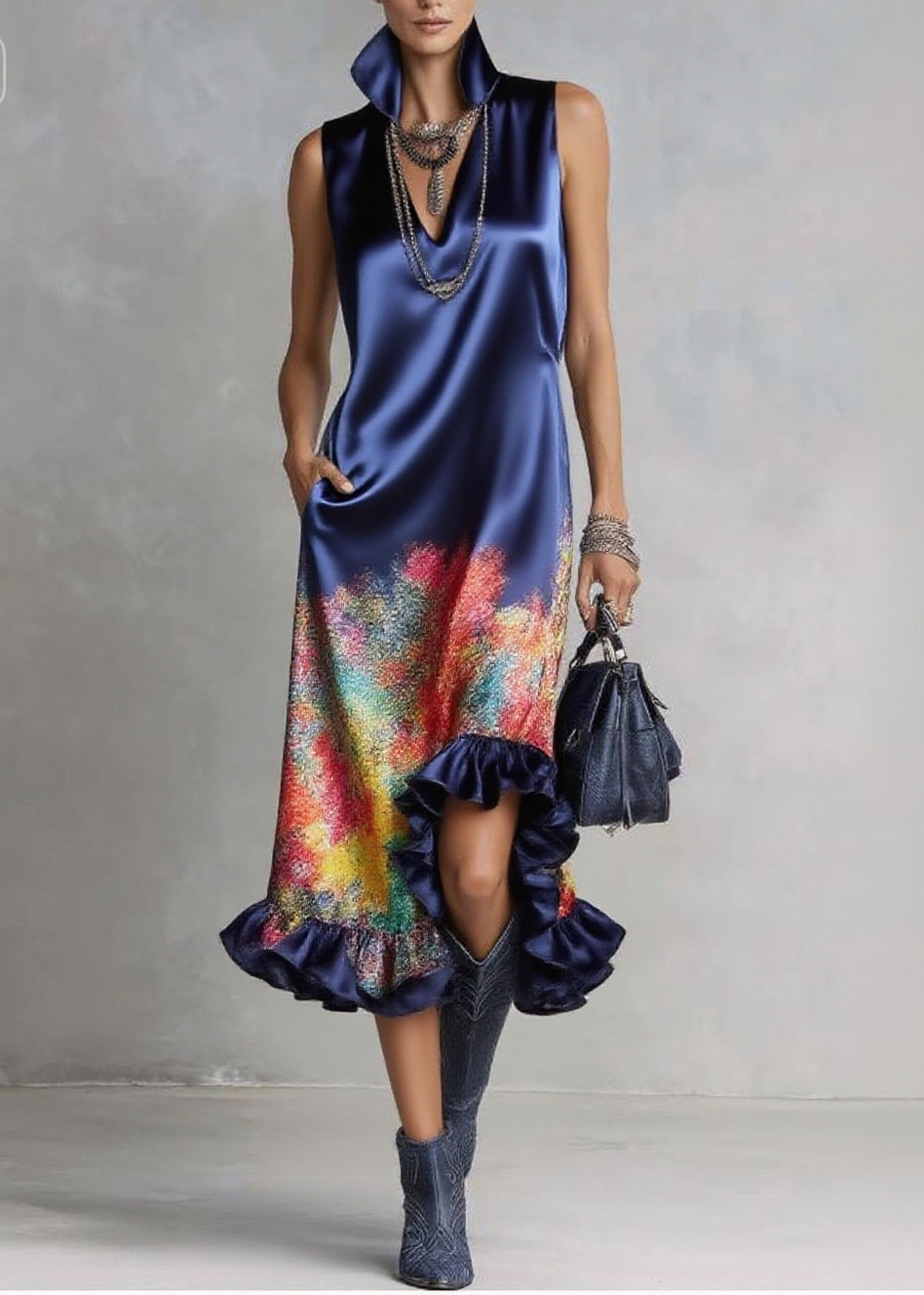 Satin High Collar Deep V-Neck Sleeveless Abstract Midi Dress - View 5