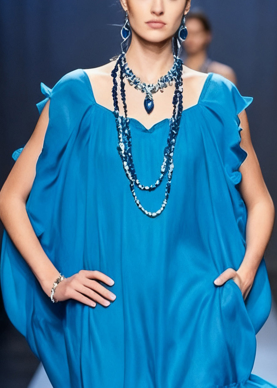 Original Blue Ruffled Pockets Solid Chiffon Mid Dress Summer - View 2