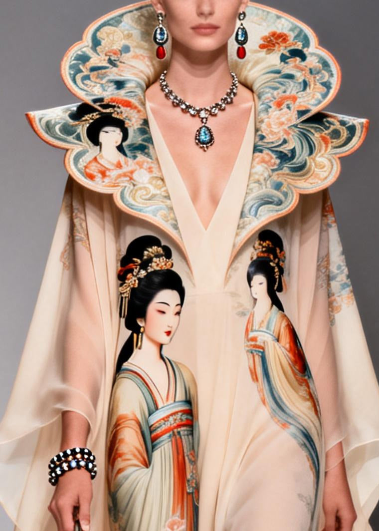 Original Design Apricot Peter Pan Collar Print Chiffon Maxi Dresses Summer - View 2