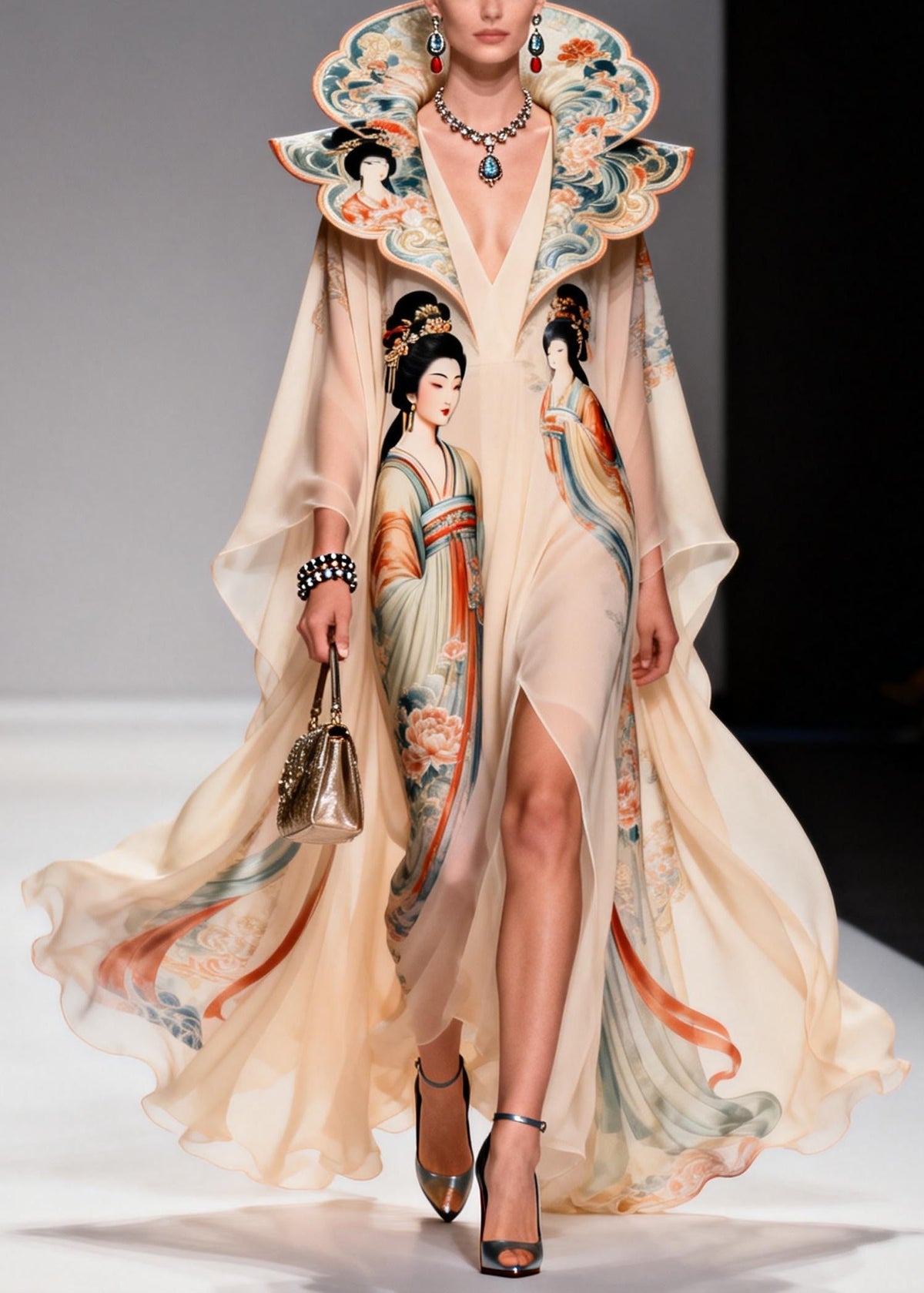 Original Design Apricot Peter Pan Collar Print Chiffon Maxi Dresses Summer - View 5