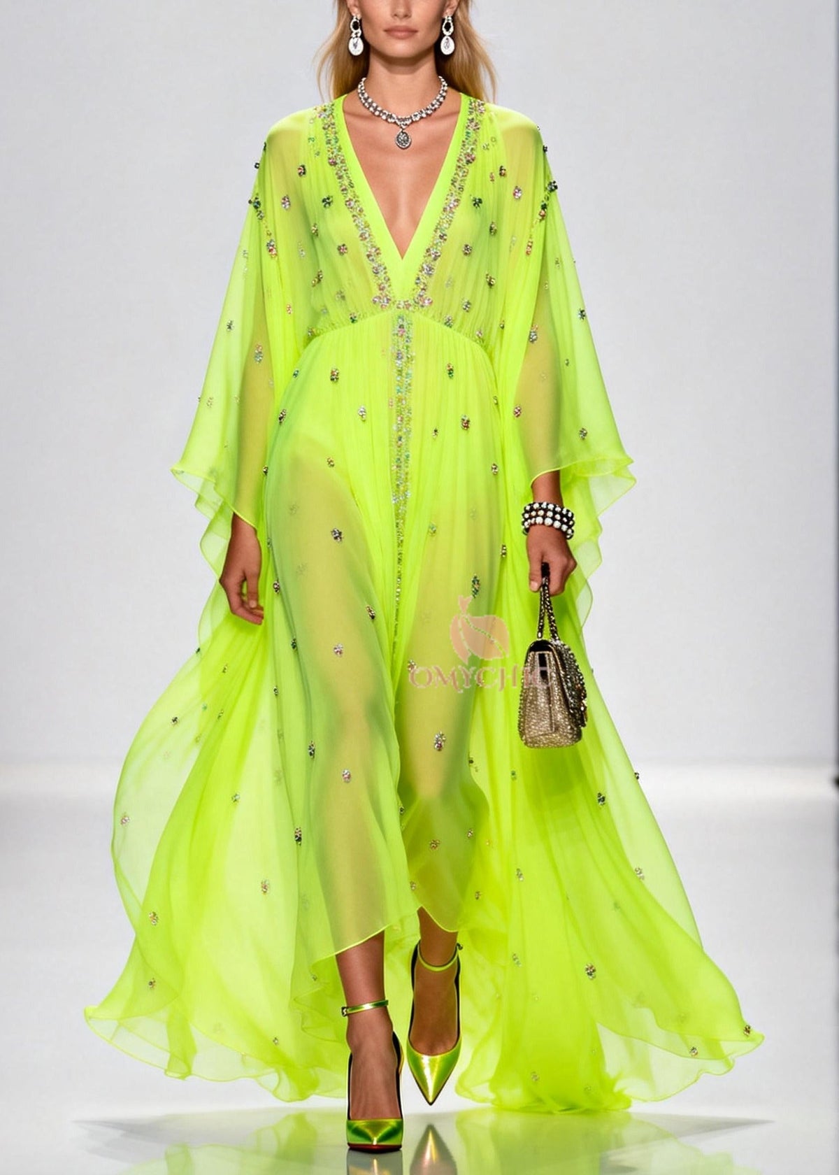 Rhinestone Scatter Deep V-Neck Empire Waist Cape Sleeve Maxi Gown - View 3