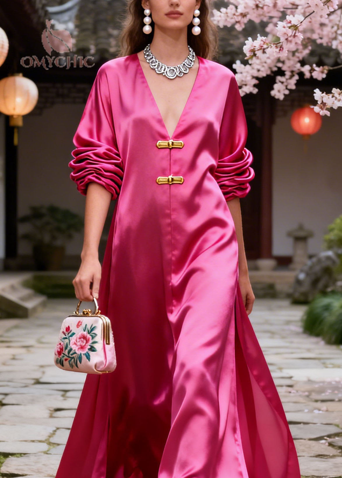 Satin V-Neck Ruched Long Sleeve Bar Closure High Split Maxi Gown - View 2