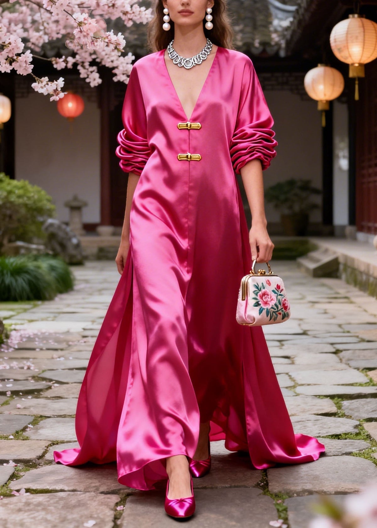 Satin V-Neck Ruched Long Sleeve Bar Closure High Split Maxi Gown - View 3