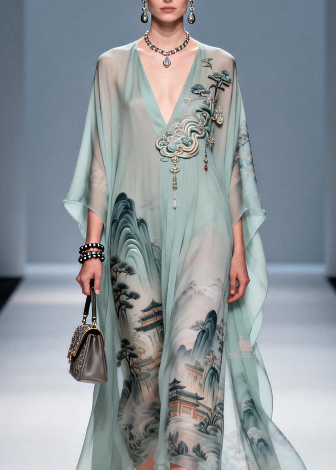 Original Design V Neck Print Chiffon Maxi Dress Summer - View 2
